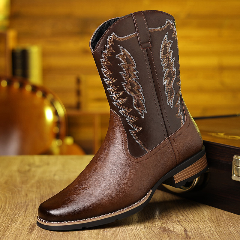 Sewing Embroidery Fabric - Herren Bestickte Outdoor Retro Halbhohe Western-Cowboystiefel