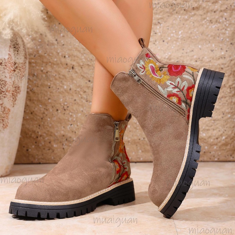 Sewing Embroidery Fabric - Blumenbestickte Wildleder-Stiefeletten für Damen, Herbst, Dickabsatz,