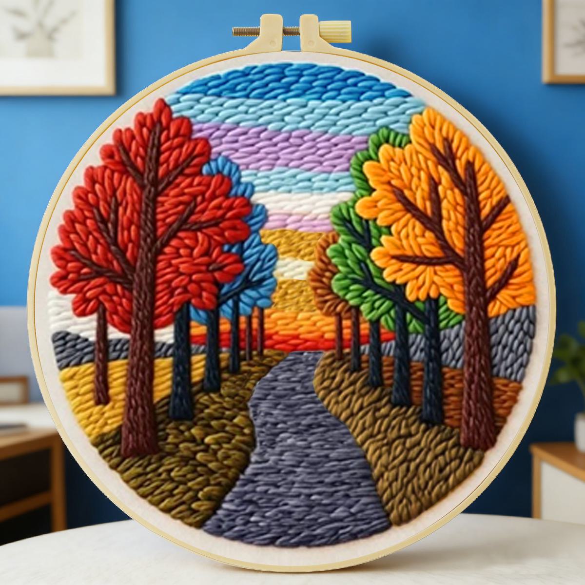 Sewing Textile Art - 20x20cm/7,87 Zoll Landschafts-Stanznadel-Stickset, Stickerei-Kit, DIY Handgemachtes