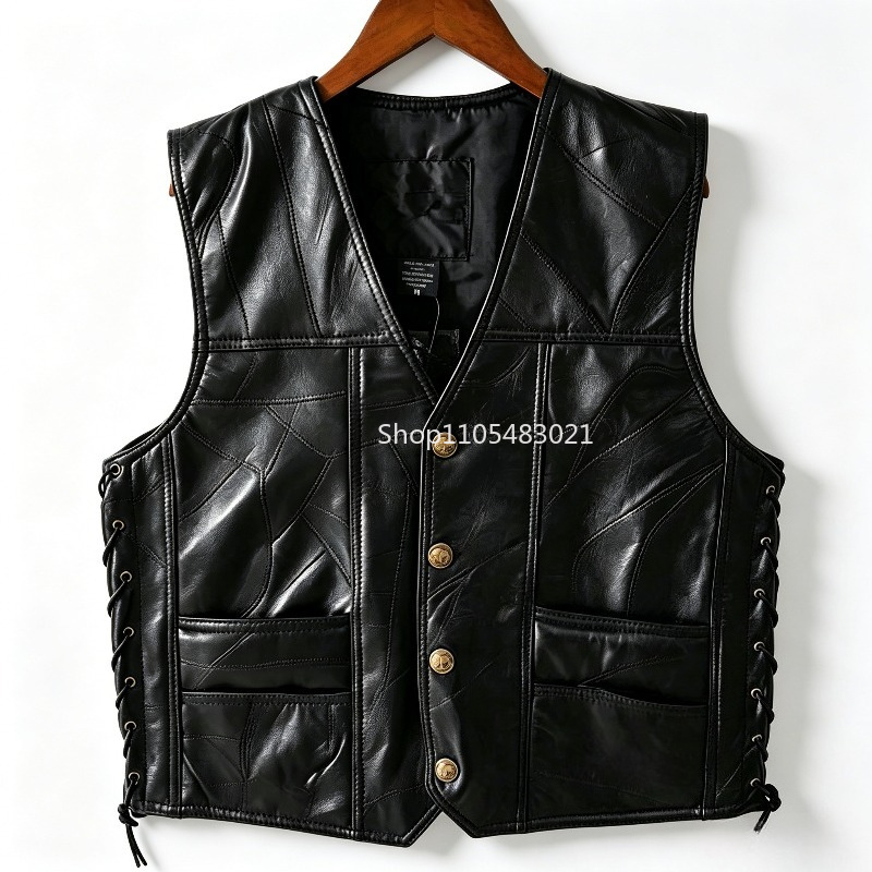 Sewing Vest - Herren Schwarze Patchwork-Leder-Bikerweste, Ärmellose Motorradjacke mit